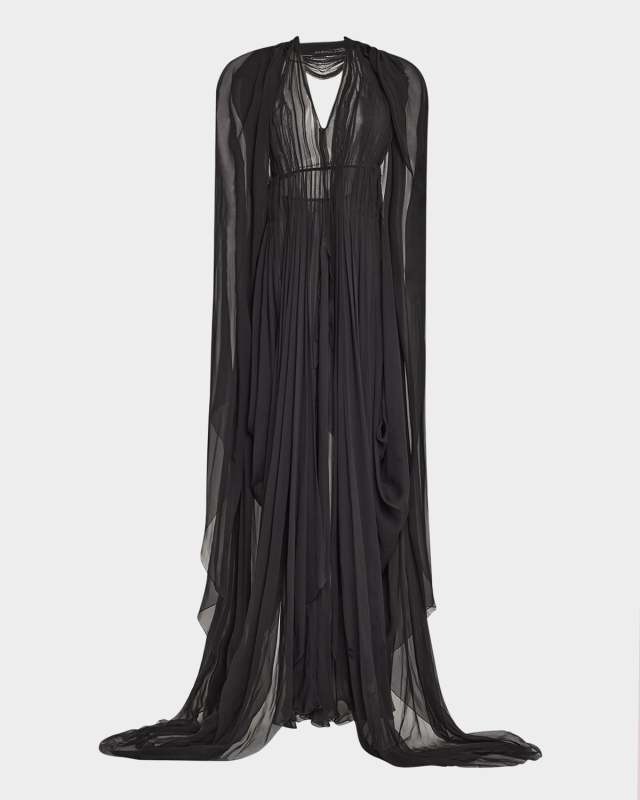 Organic Chiffon Cape-Sleeve Backless Gown